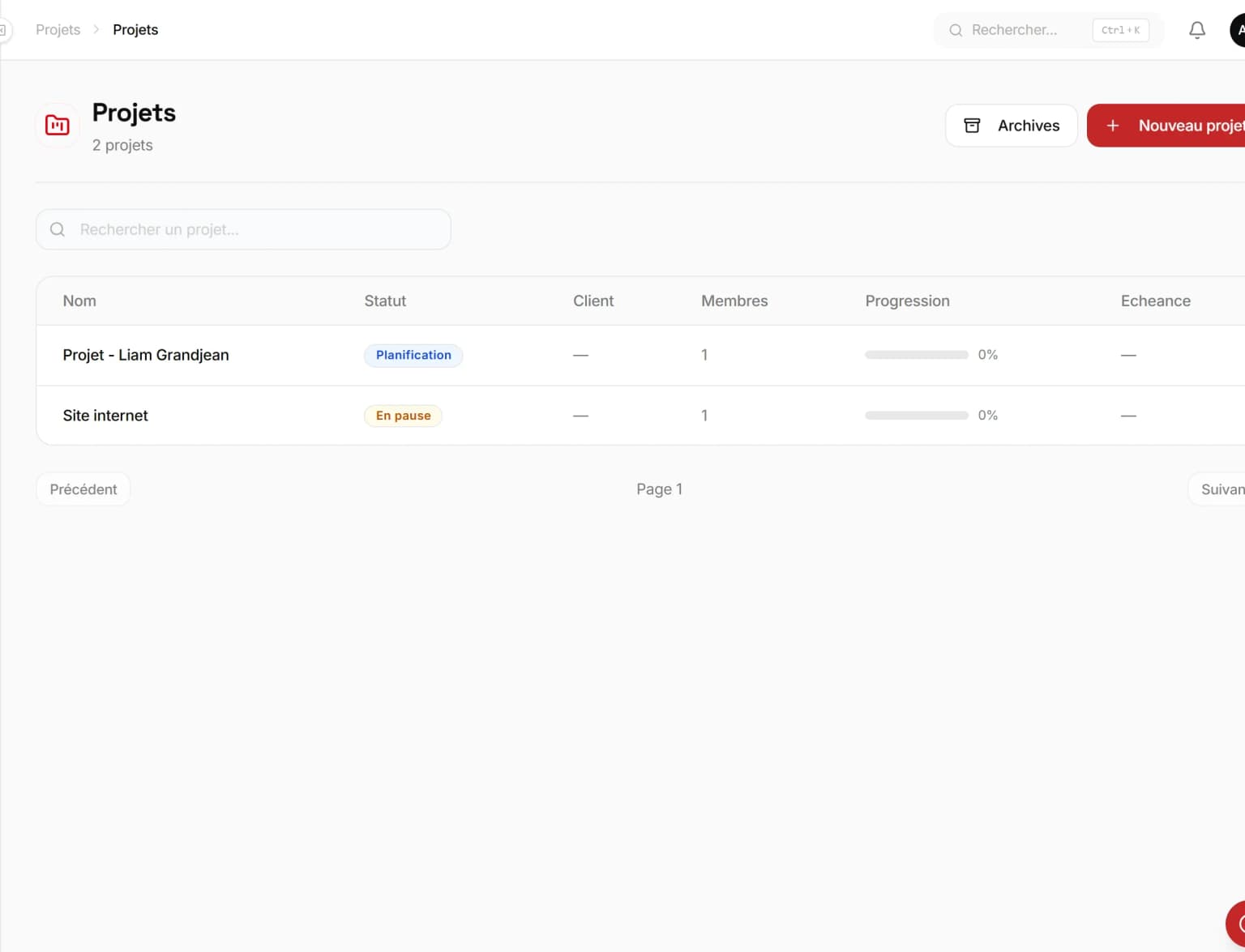 Projets & Timesheets — capture d'écran